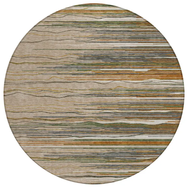 8' Taupe Copper And Green Round Striped Washable Indoor Outdoor Area Rug