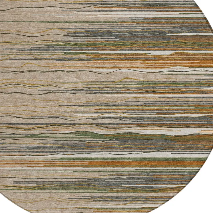 8' Taupe Copper And Green Round Striped Washable Indoor Outdoor Area Rug