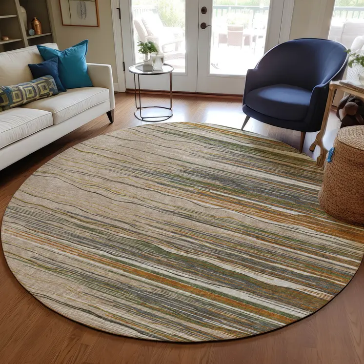 8' Taupe Copper And Green Round Striped Washable Indoor Outdoor Area Rug