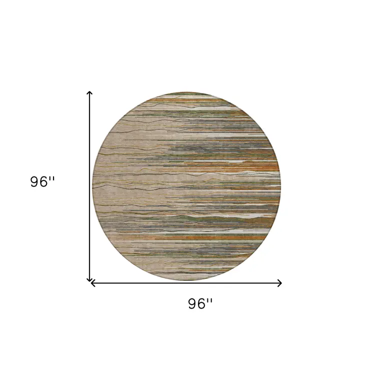 8' Taupe Copper And Green Round Striped Washable Indoor Outdoor Area Rug