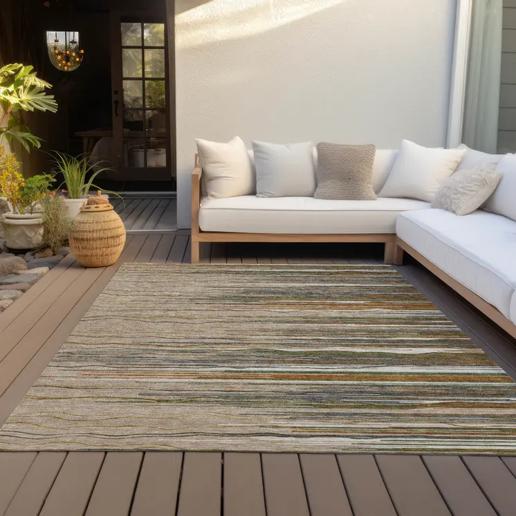 8' X 10' Taupe Copper And Green Striped Washable Indoor Outdoor Area Rug