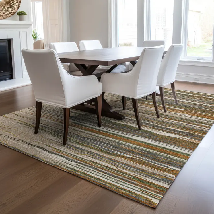 8' X 10' Taupe Copper And Green Striped Washable Indoor Outdoor Area Rug