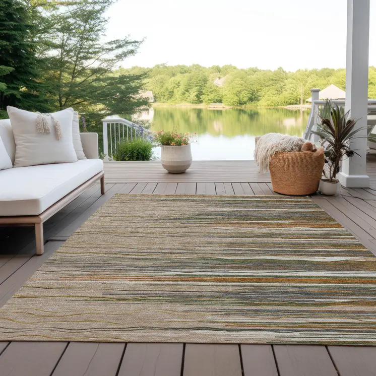 8' X 10' Taupe Copper And Green Striped Washable Indoor Outdoor Area Rug