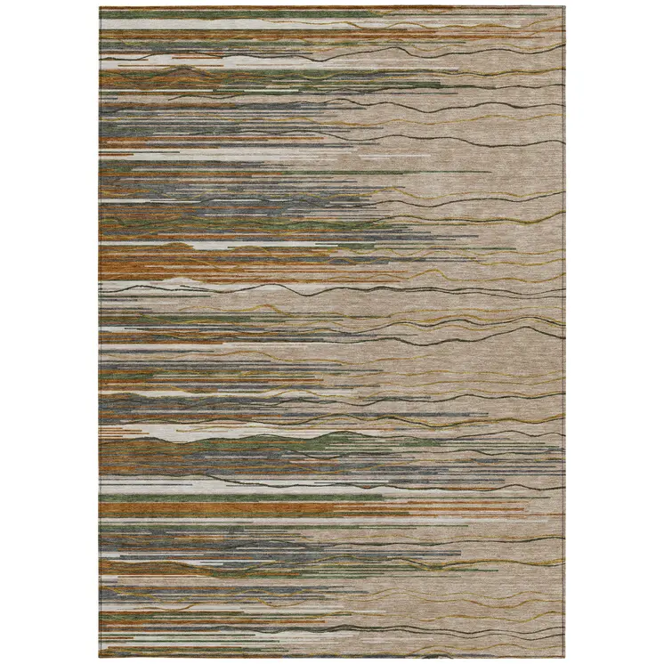 9' X 12' Taupe Copper And Green Striped Washable Indoor Outdoor Area Rug