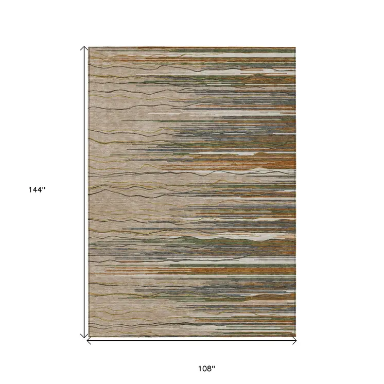 9' X 12' Taupe Copper And Green Striped Washable Indoor Outdoor Area Rug