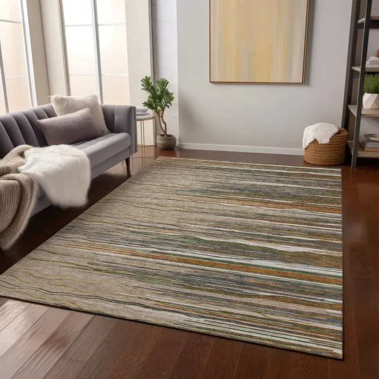 9' X 12' Taupe Copper And Green Striped Washable Indoor Outdoor Area Rug