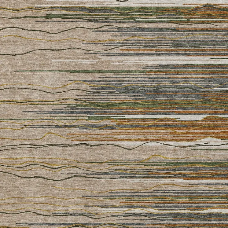 10' X 14' Taupe Copper And Green Striped Washable Indoor Outdoor Area Rug
