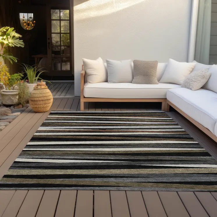 3' X 5' Black Brown And Ivory Striped Washable Indoor Outdoor Area Rug