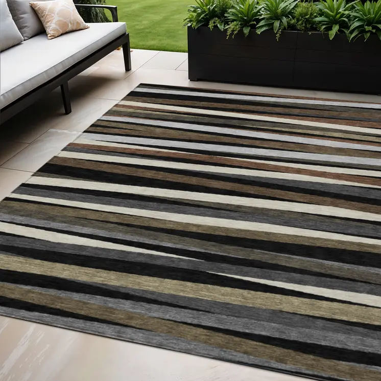 5' X 8' Black Brown And Ivory Striped Washable Indoor Outdoor Area Rug