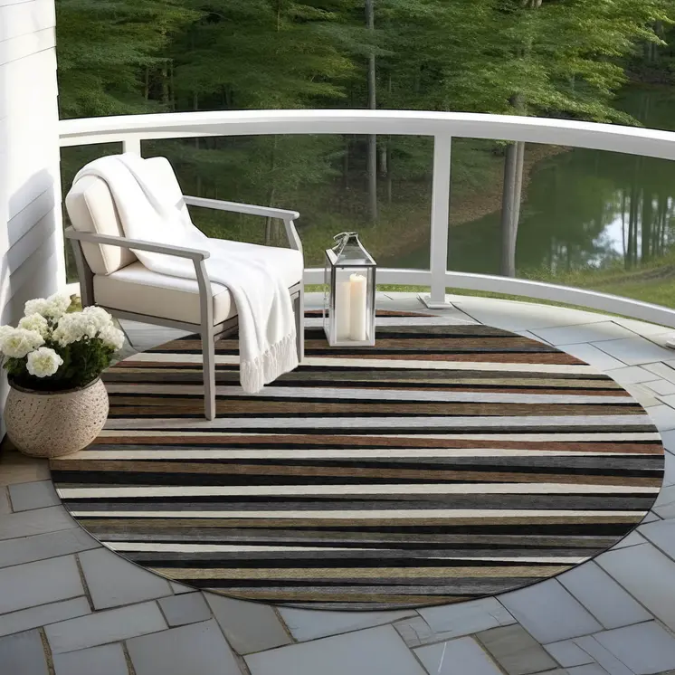 8' Black Brown And Ivory Round Striped Washable Indoor Outdoor Area Rug