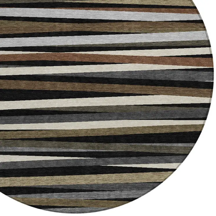 8' Black Brown And Ivory Round Striped Washable Indoor Outdoor Area Rug