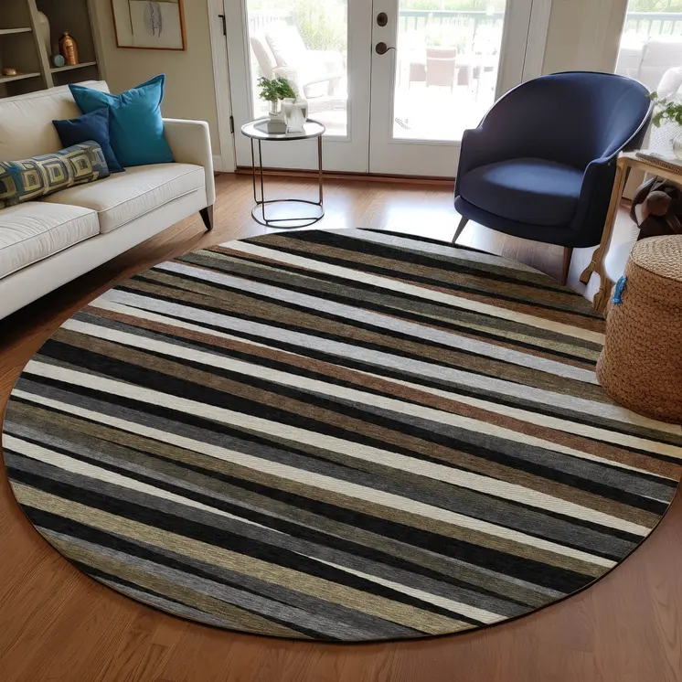 8' Black Brown And Ivory Round Striped Washable Indoor Outdoor Area Rug