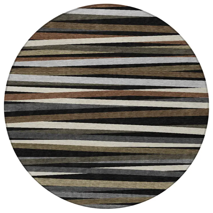 8' Black Brown And Ivory Round Striped Washable Indoor Outdoor Area Rug