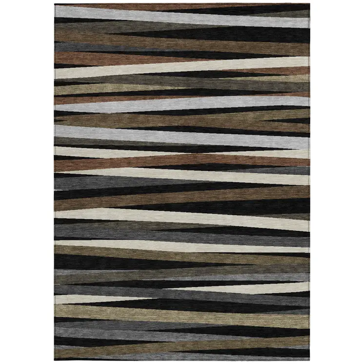 8' X 10' Black Brown And Ivory Striped Washable Indoor Outdoor Area Rug