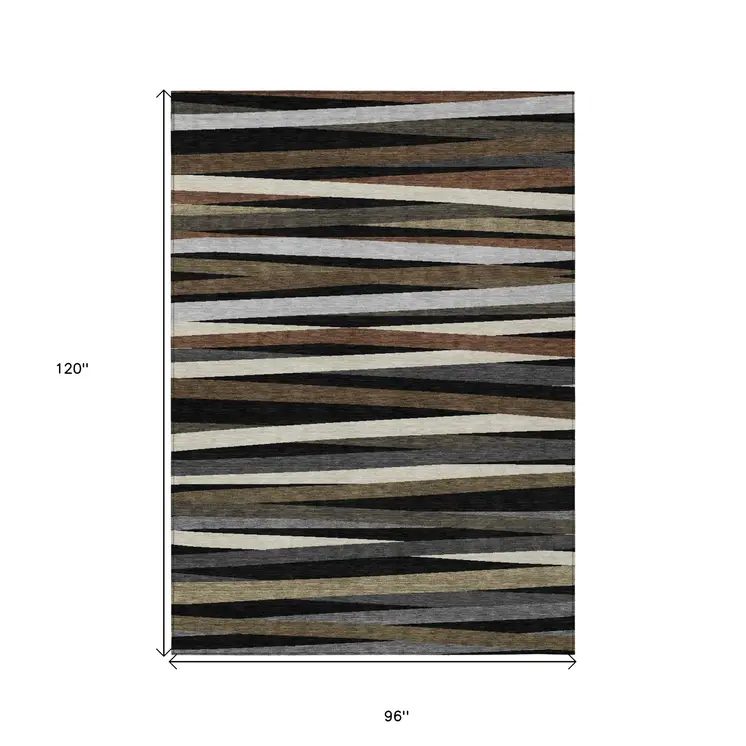 8' X 10' Black Brown And Ivory Striped Washable Indoor Outdoor Area Rug