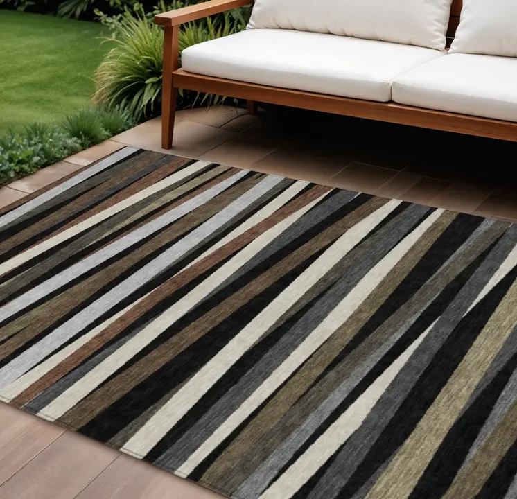 8' X 10' Black Brown And Ivory Striped Washable Indoor Outdoor Area Rug