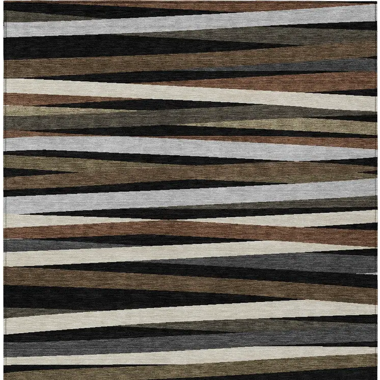 8' X 10' Black Brown And Ivory Striped Washable Indoor Outdoor Area Rug