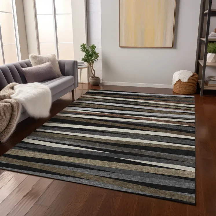 8' X 10' Black Brown And Ivory Striped Washable Indoor Outdoor Area Rug