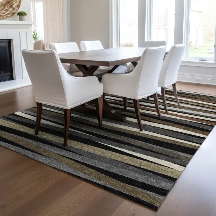 8' X 10' Black Brown And Ivory Striped Washable Indoor Outdoor Area Rug