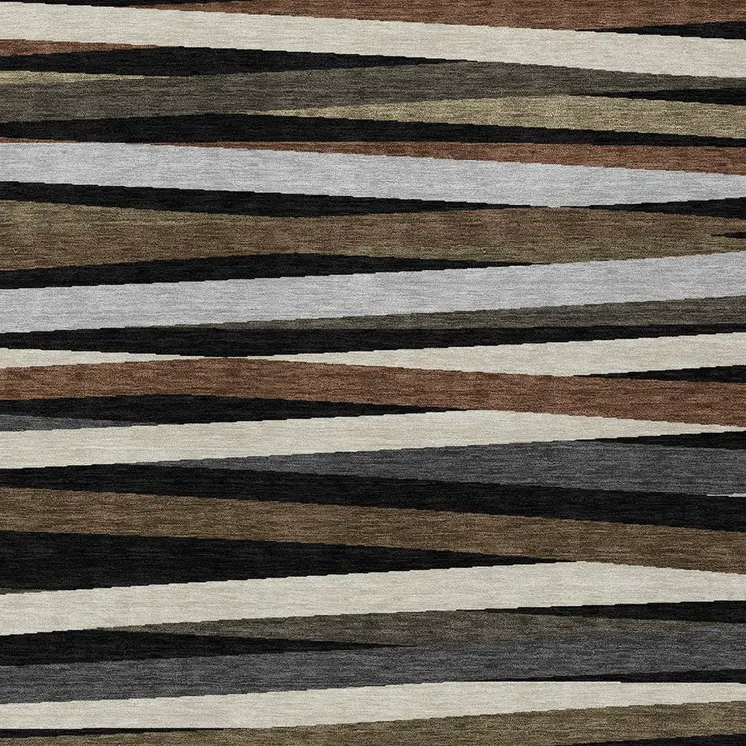 9' X 12' Black Brown And Ivory Striped Washable Indoor Outdoor Area Rug