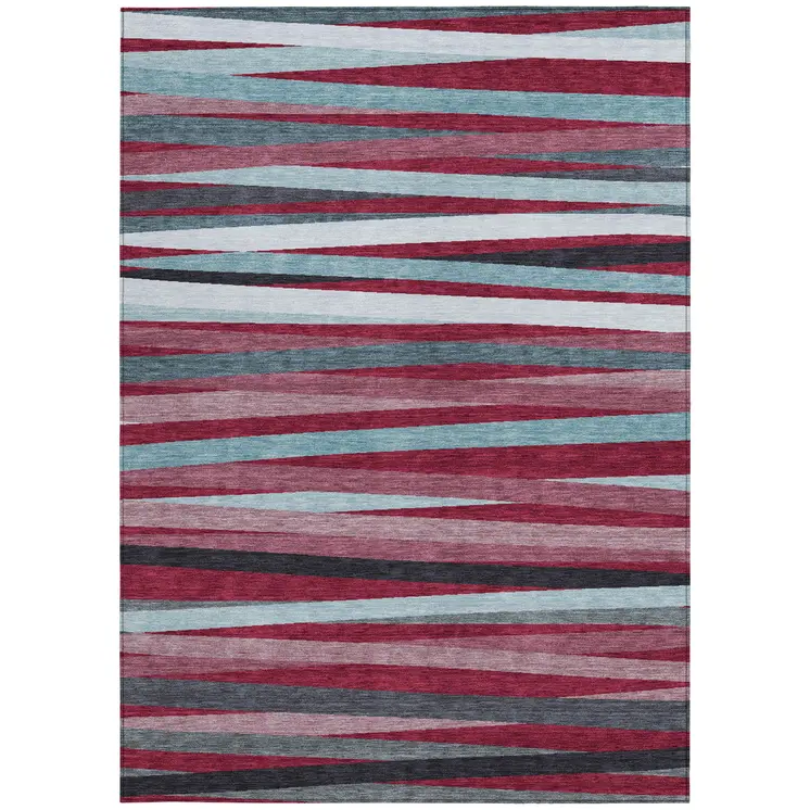 3' X 5' Burgundy Ivory And Blue Striped Washable Indoor Outdoor Area Rug