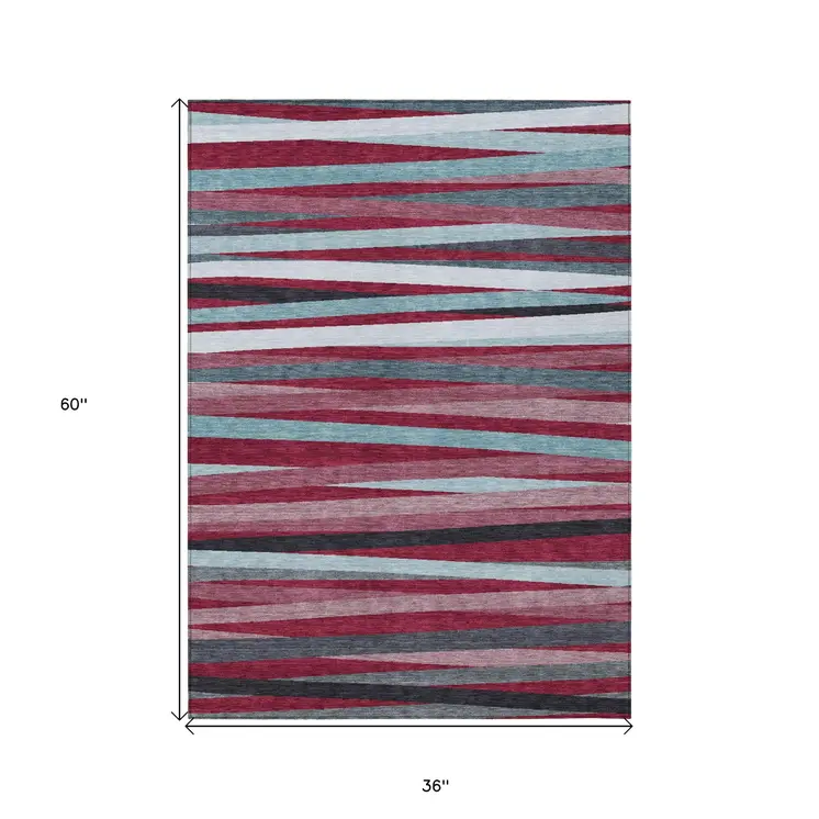 3' X 5' Burgundy Ivory And Blue Striped Washable Indoor Outdoor Area Rug