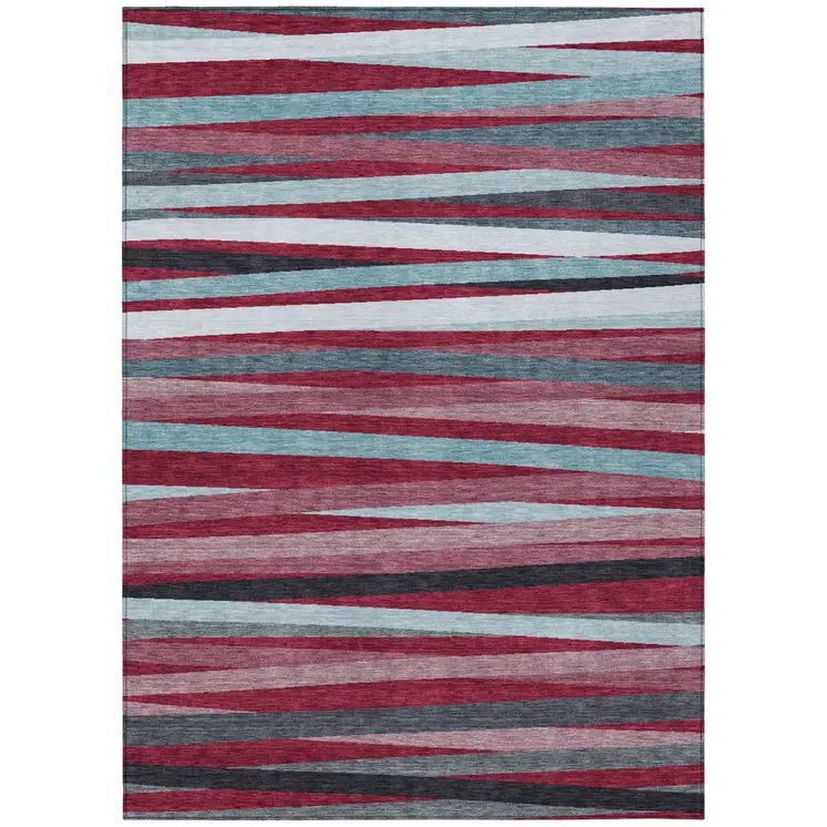 3' X 5' Burgundy Ivory And Blue Striped Washable Indoor Outdoor Area Rug