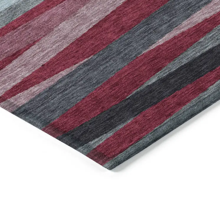 3' X 5' Burgundy Ivory And Blue Striped Washable Indoor Outdoor Area Rug