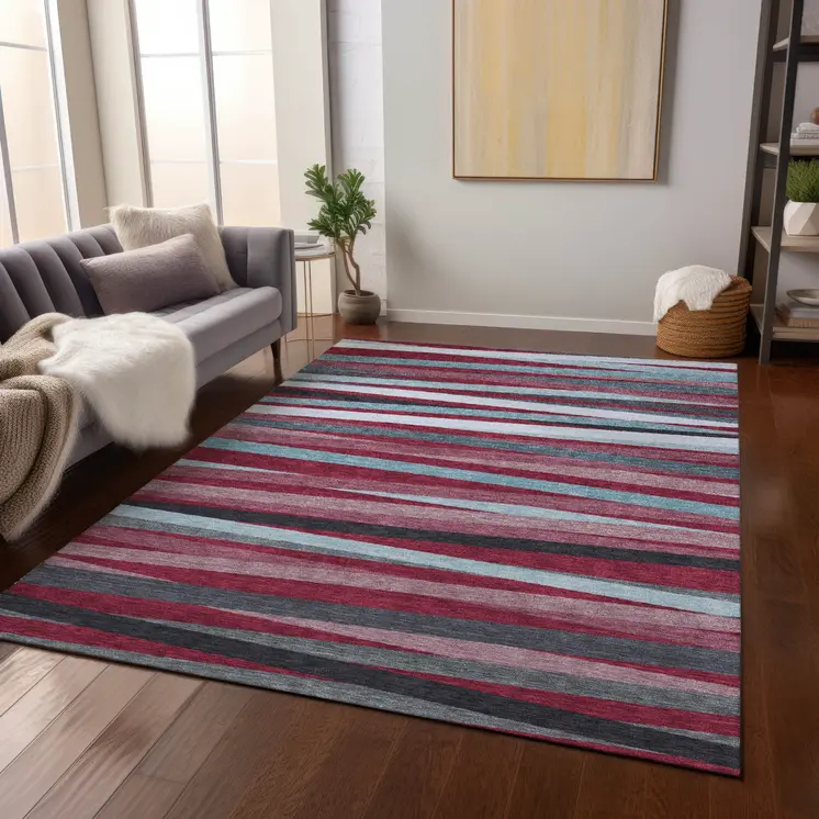 3' X 5' Burgundy Ivory And Blue Striped Washable Indoor Outdoor Area Rug