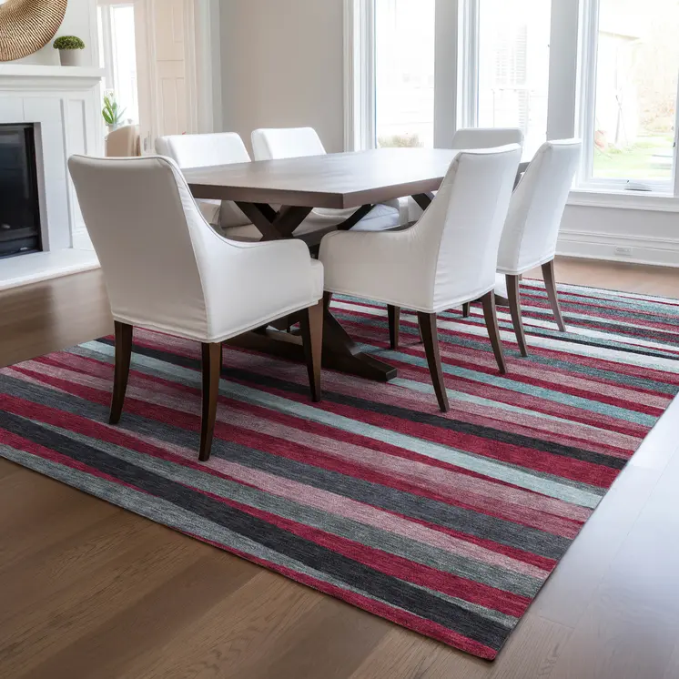 3' X 5' Burgundy Ivory And Blue Striped Washable Indoor Outdoor Area Rug