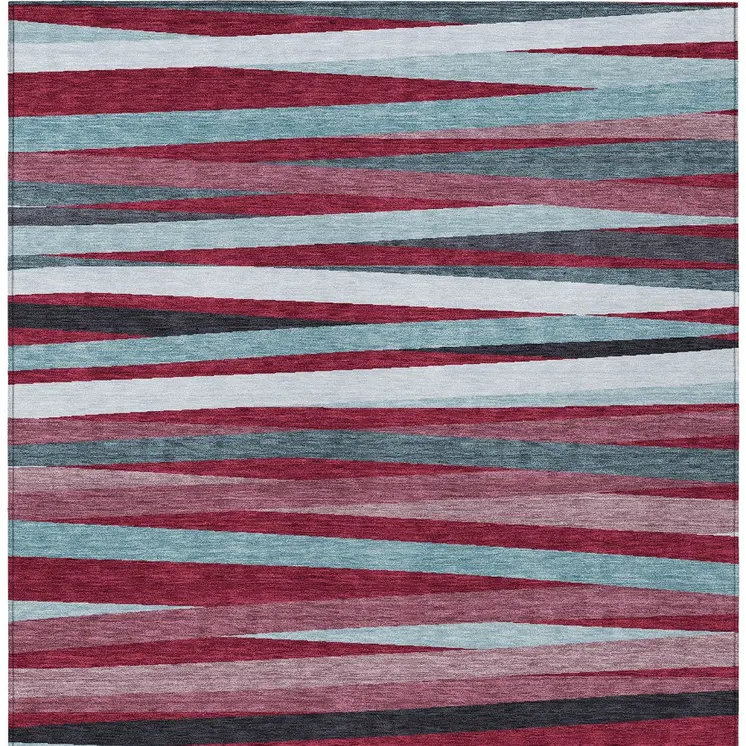 5' X 8' Burgundy Ivory And Blue Striped Washable Indoor Outdoor Area Rug