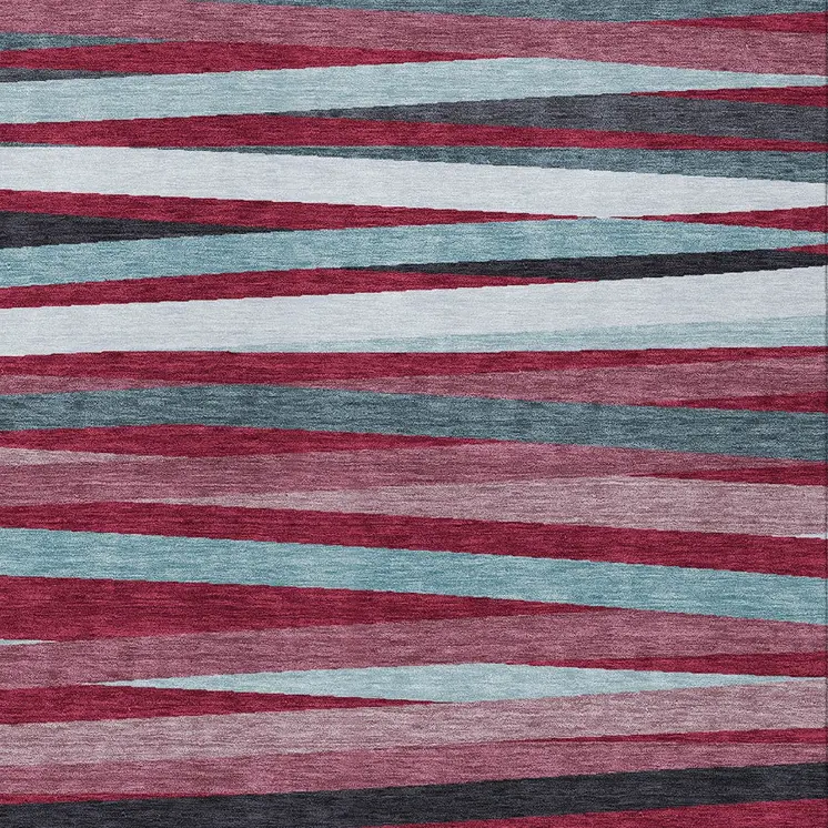 5' X 8' Burgundy Ivory And Blue Striped Washable Indoor Outdoor Area Rug