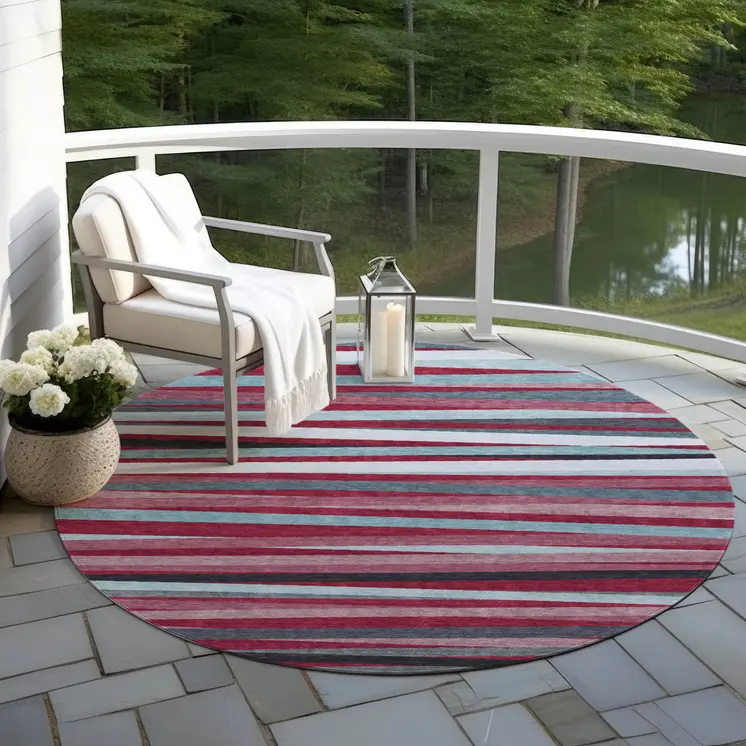 8' Burgundy Ivory And Blue Round Striped Washable Indoor Outdoor Area Rug