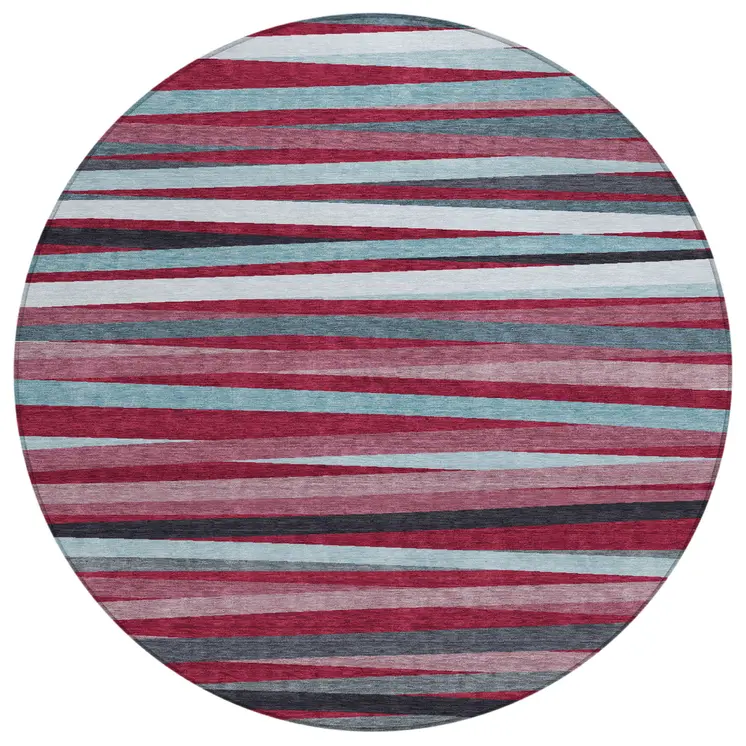 8' Burgundy Ivory And Blue Round Striped Washable Indoor Outdoor Area Rug