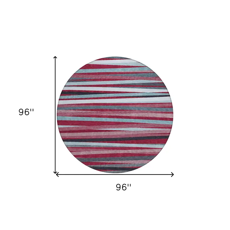 8' Burgundy Ivory And Blue Round Striped Washable Indoor Outdoor Area Rug
