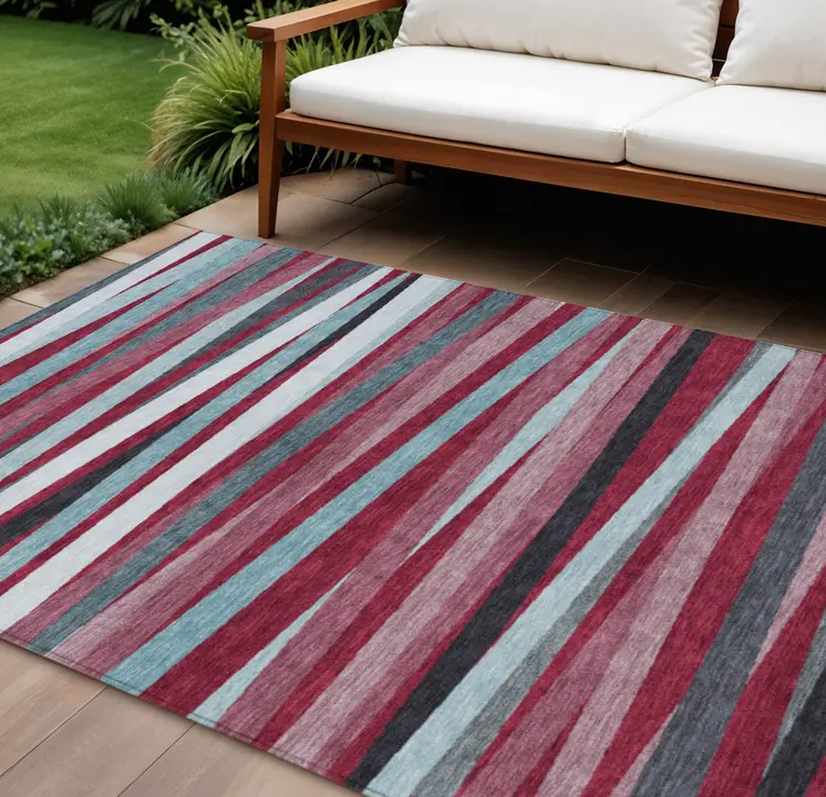 8' X 10' Burgundy Ivory And Blue Striped Washable Indoor Outdoor Area Rug