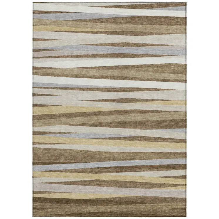5' X 8' Brown Beige And Gray Striped Washable Indoor Outdoor Area Rug