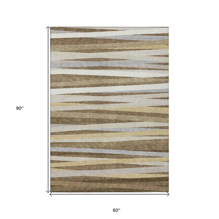5' X 8' Brown Beige And Gray Striped Washable Indoor Outdoor Area Rug