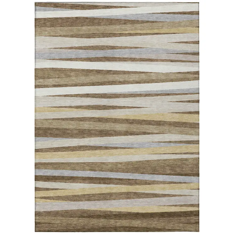 5' X 8' Brown Beige And Gray Striped Washable Indoor Outdoor Area Rug