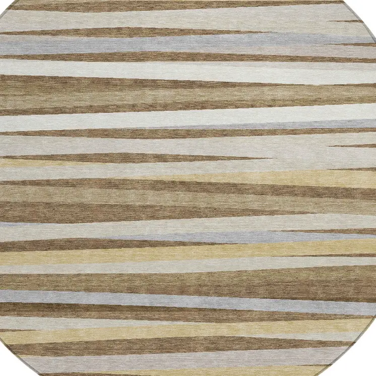 8' Brown Beige And Gray Round Striped Washable Indoor Outdoor Area Rug