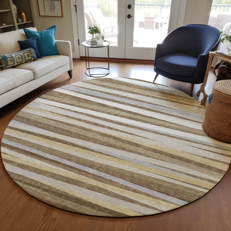 8' Brown Beige And Gray Round Striped Washable Indoor Outdoor Area Rug