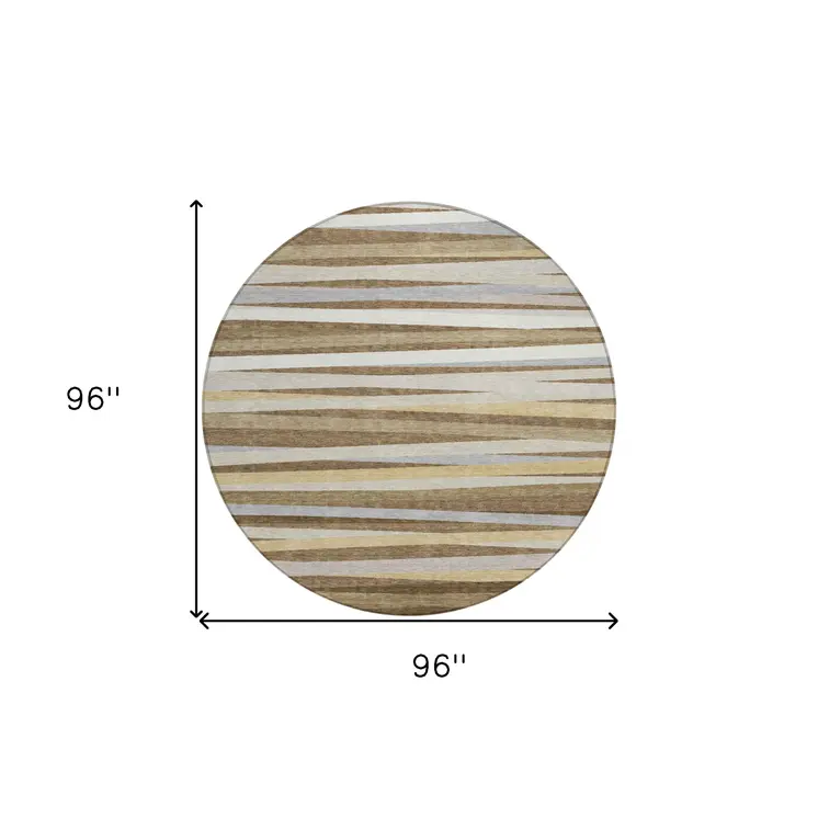 8' Brown Beige And Gray Round Striped Washable Indoor Outdoor Area Rug