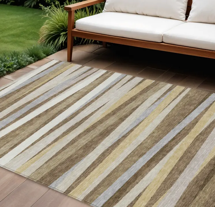 9' X 12' Brown Beige And Gray Striped Washable Indoor Outdoor Area Rug