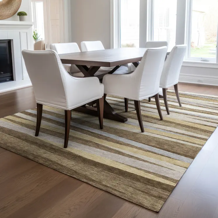 9' X 12' Brown Beige And Gray Striped Washable Indoor Outdoor Area Rug