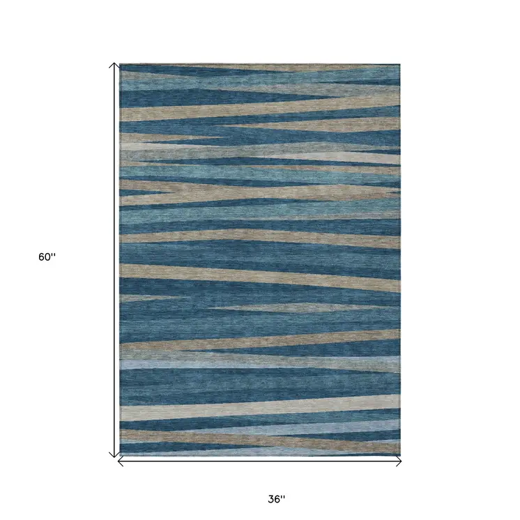 3' X 5' Denim Blue And Gray Striped Washable Indoor Outdoor Area Rug