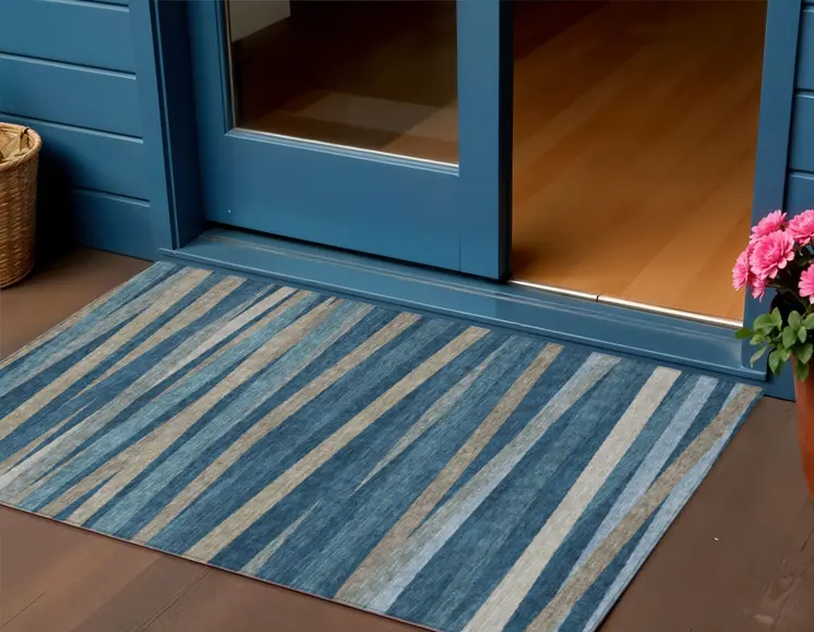 3' X 5' Denim Blue And Gray Striped Washable Indoor Outdoor Area Rug