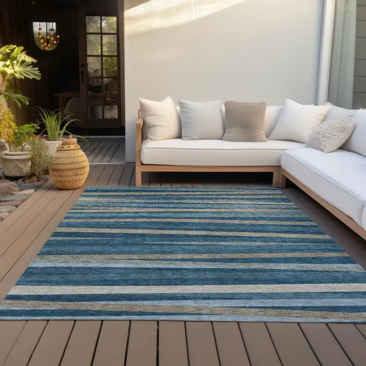 3' X 5' Denim Blue And Gray Striped Washable Indoor Outdoor Area Rug