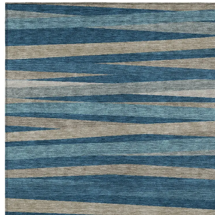 3' X 5' Denim Blue And Gray Striped Washable Indoor Outdoor Area Rug