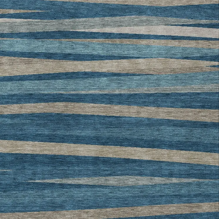 5' X 8' Denim Blue And Gray Striped Washable Indoor Outdoor Area Rug