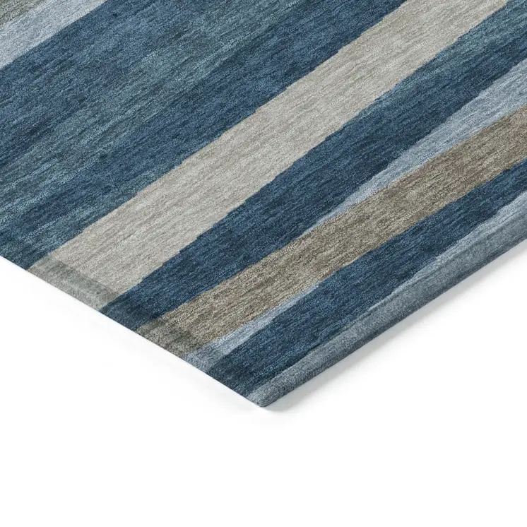 9' X 12' Denim Blue And Gray Striped Washable Indoor Outdoor Area Rug
